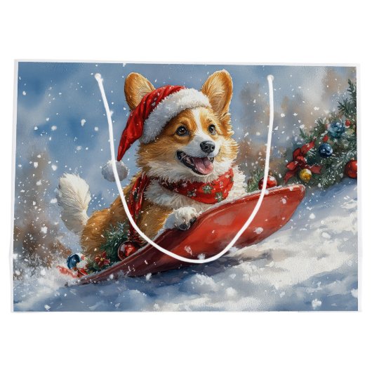 雪のクリスマスを過ごすソリのコルギ犬 ラージペーパーバッグ (裏面)