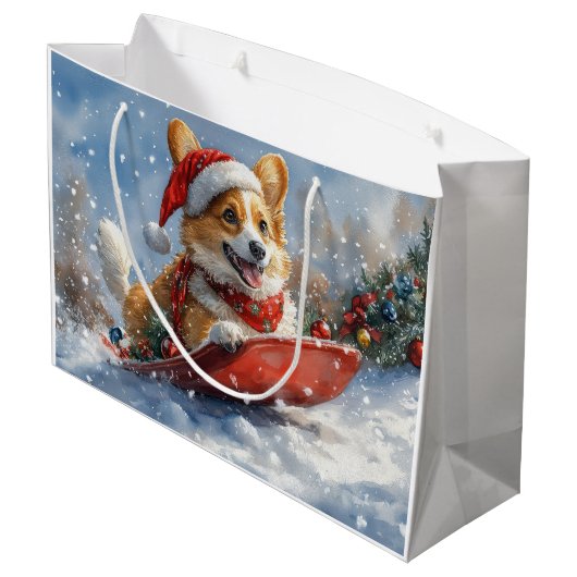 雪のクリスマスを過ごすソリのコルギ犬 ラージペーパーバッグ (裏面アングル)