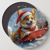 雪のクリスマスを過ごすソリのコルギ犬 缶バッジ (正面&裏面)