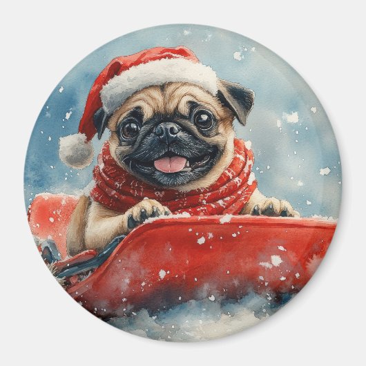 雪のクリスマスを過ごすソリのパグ犬 マグネット (正面)