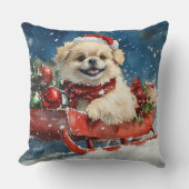 雪のクリスマスを過ごすソリのペキン犬 クッション (正面)