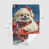 雪のクリスマスを過ごすソリのペキン犬 ゴルフタオル (インサイチュ)