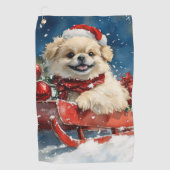 雪のクリスマスを過ごすソリのペキン犬 ゴルフタオル (正面)