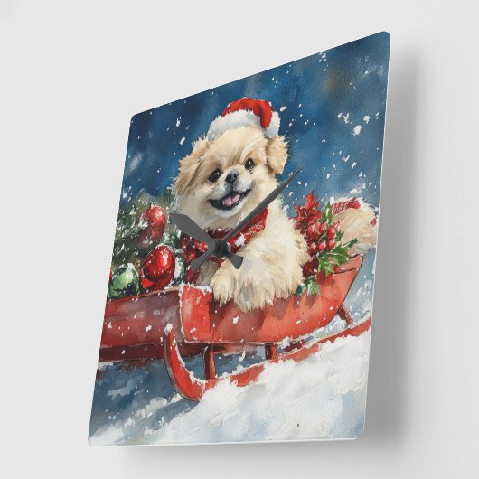 雪のクリスマスを過ごすソリのペキン犬 スクエア壁時計 (傾斜)