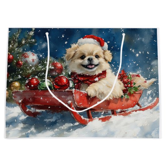 雪のクリスマスを過ごすソリのペキン犬 ラージペーパーバッグ (正面)