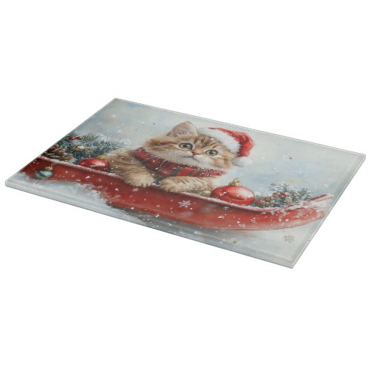 雪のクリスマスを過ごすソリのペルシャ猫 カッティングボード (角)