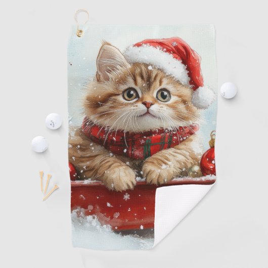 雪のクリスマスを過ごすソリのペルシャ猫 ゴルフタオル (インサイチュ)