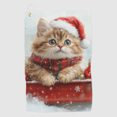雪のクリスマスを過ごすソリのペルシャ猫 ゴルフタオル (正面)