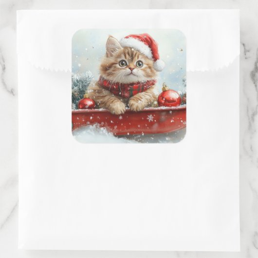 雪のクリスマスを過ごすソリのペルシャ猫 スクエアシール (バッグ)