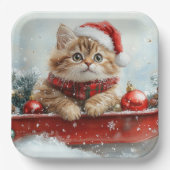 雪のクリスマスを過ごすソリのペルシャ猫 ペーパープレート (正面)
