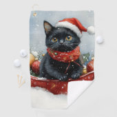 雪のクリスマスを過ごすソリの黒猫 ゴルフタオル (インサイチュ)