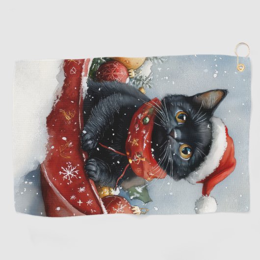 雪のクリスマスを過ごすソリの黒猫 ゴルフタオル (横)