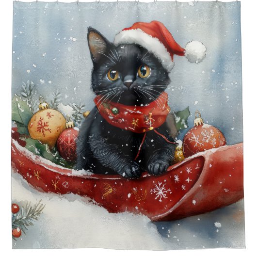 雪のクリスマスを過ごすソリの黒猫 シャワーカーテン (正面)