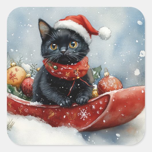 雪のクリスマスを過ごすソリの黒猫 スクエアシール (正面)