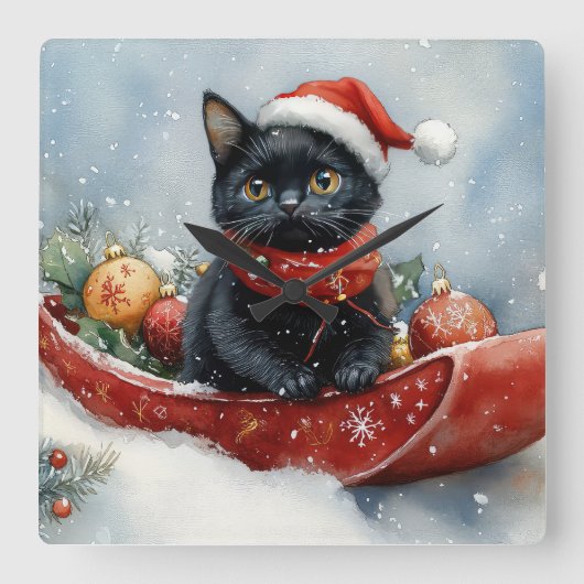 雪のクリスマスを過ごすソリの黒猫 スクエア壁時計 (正面)