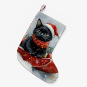 雪のクリスマスを過ごすソリの黒猫 スモールクリスマスストッキング (正面 (吊り時))
