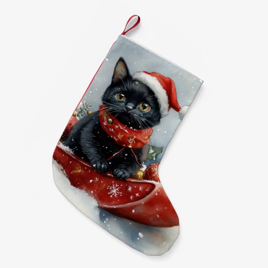 雪のクリスマスを過ごすソリの黒猫 スモールクリスマスストッキング (正面 (吊り時))