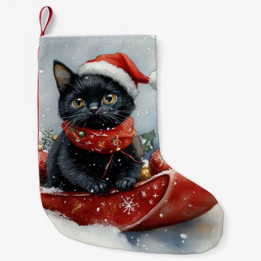 雪のクリスマスを過ごすソリの黒猫 スモールクリスマスストッキング (正面)
