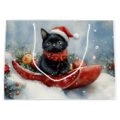 雪のクリスマスを過ごすソリの黒猫 ラージペーパーバッグ (正面)