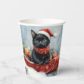 雪のクリスマスを過ごすソリの黒猫 紙コップ (正面)