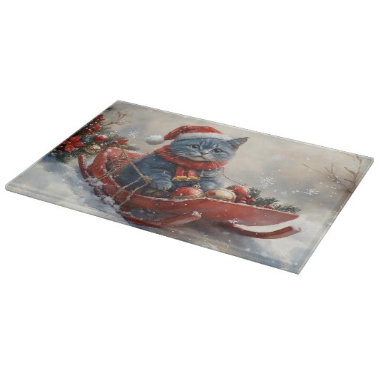 雪のクリスマスを過ごすソリ姿のオリエンタルブルー猫 カッティングボード (角)