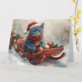 雪のクリスマスを過ごすソリ姿のオリエンタルブルー猫 カード (黄色い花)