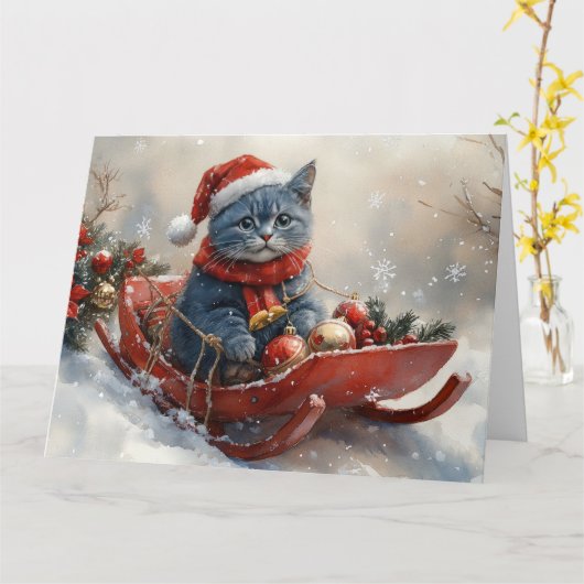 雪のクリスマスを過ごすソリ姿のオリエンタルブルー猫 カード (黄色い花)