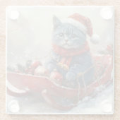雪のクリスマスを過ごすソリ姿のオリエンタルブルー猫 ガラスコースター (裏面)