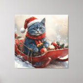 雪のクリスマスを過ごすソリ姿のオリエンタルブルー猫 キャンバスプリント (正面)