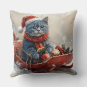 雪のクリスマスを過ごすソリ姿のオリエンタルブルー猫 クッション (裏面)