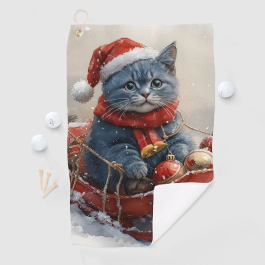 雪のクリスマスを過ごすソリ姿のオリエンタルブルー猫 ゴルフタオル (インサイチュ)
