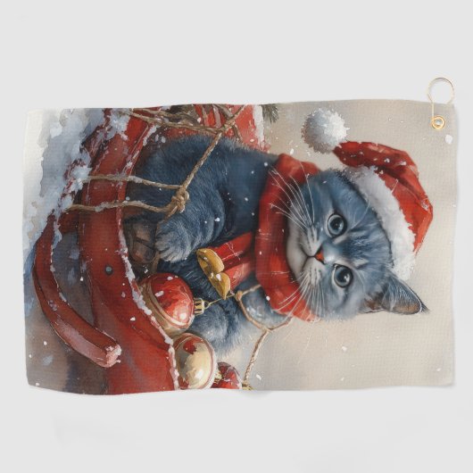 雪のクリスマスを過ごすソリ姿のオリエンタルブルー猫 ゴルフタオル (横)