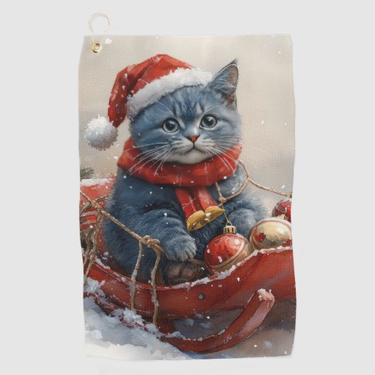 雪のクリスマスを過ごすソリ姿のオリエンタルブルー猫 ゴルフタオル (正面)