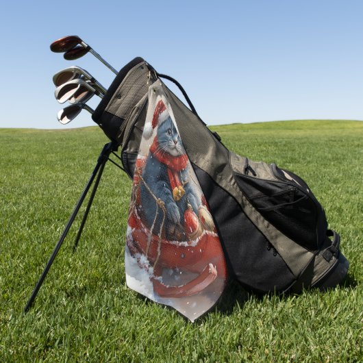 雪のクリスマスを過ごすソリ姿のオリエンタルブルー猫 ゴルフタオル (グリーン)