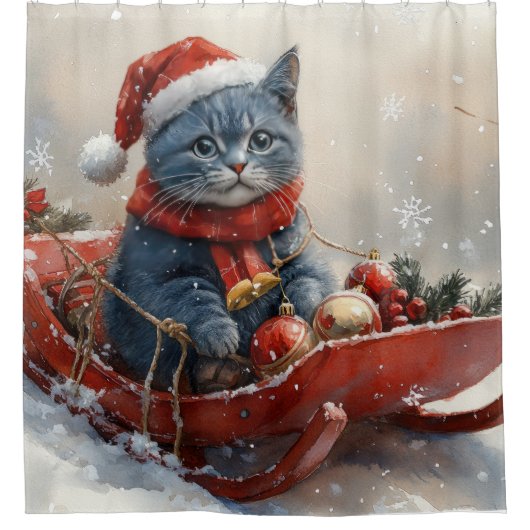 雪のクリスマスを過ごすソリ姿のオリエンタルブルー猫 シャワーカーテン (正面)