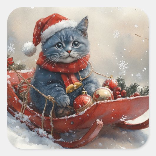 雪のクリスマスを過ごすソリ姿のオリエンタルブルー猫 スクエアシール (正面)