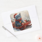 雪のクリスマスを過ごすソリ姿のオリエンタルブルー猫 スクエアシール (封筒)