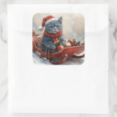 雪のクリスマスを過ごすソリ姿のオリエンタルブルー猫 スクエアシール (バッグ)