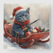 雪のクリスマスを過ごすソリ姿のオリエンタルブルー猫 スクエア壁時計 (正面)