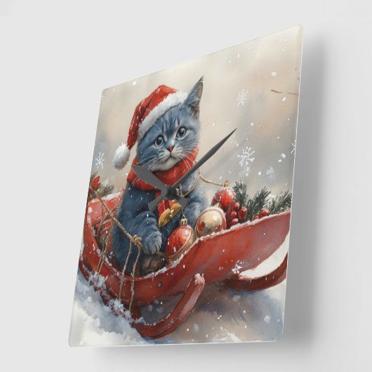 雪のクリスマスを過ごすソリ姿のオリエンタルブルー猫 スクエア壁時計 (傾斜)