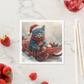 雪のクリスマスを過ごすソリ姿のオリエンタルブルー猫 スタンダードカクテルナプキン (インサイチュ)