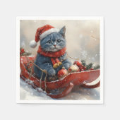 雪のクリスマスを過ごすソリ姿のオリエンタルブルー猫 スタンダードカクテルナプキン (正面)