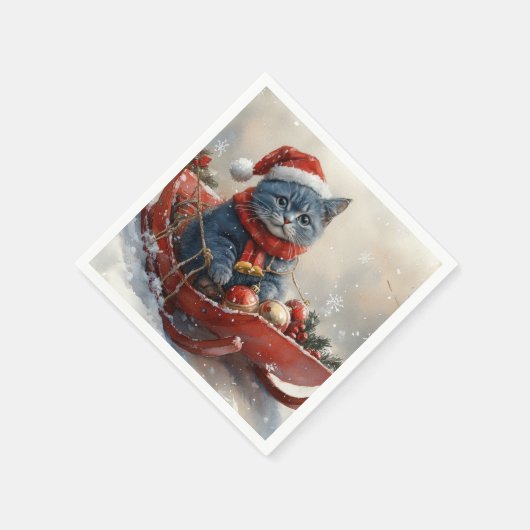 雪のクリスマスを過ごすソリ姿のオリエンタルブルー猫 スタンダードカクテルナプキン (角)