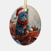 雪のクリスマスを過ごすソリ姿のオリエンタルブルー猫 セラミックオーナメント (右)