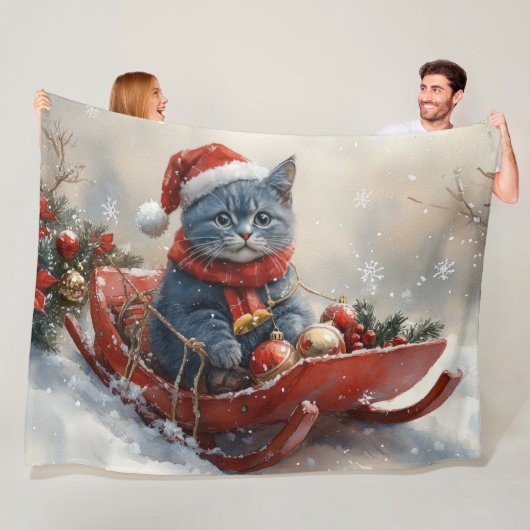雪のクリスマスを過ごすソリ姿のオリエンタルブルー猫 フリースブランケット (インサイチュ)