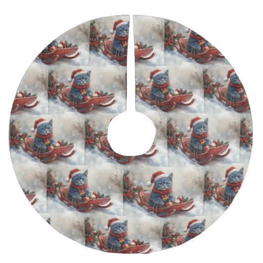 雪のクリスマスを過ごすソリ姿のオリエンタルブルー猫 ブラッシュドポリエステルツリースカート (正面)