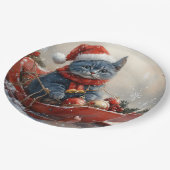 雪のクリスマスを過ごすソリ姿のオリエンタルブルー猫 ペーパープレート (アングル)