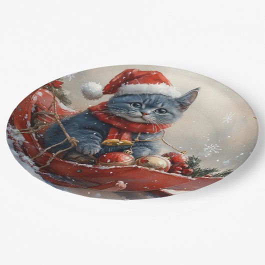 雪のクリスマスを過ごすソリ姿のオリエンタルブルー猫 ペーパープレート (アングル)