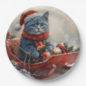 雪のクリスマスを過ごすソリ姿のオリエンタルブルー猫 ペーパープレート (正面)