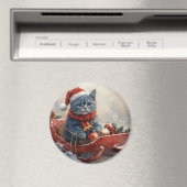 雪のクリスマスを過ごすソリ姿のオリエンタルブルー猫 マグネット (インサイチュ (食洗機))